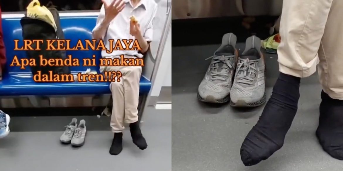 Lelaki makan sambil buka kasut dalam LRT.