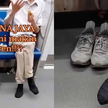Lelaki makan sambil buka kasut dalam LRT.