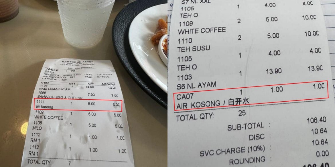 Pelanggan Kena Caj Air Kosong RM5, Pihak Restoran Mohon Maaf Atas Kecuaian Pekerja