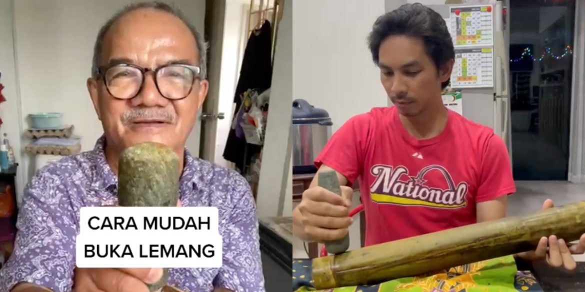 Tak Perlu Pisau, Ini Cara Mudah Buka Buluh Lemang Guna Lesung Batu