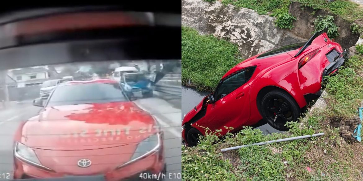 Pandu Melulu Sambil 'Mencucuk', Toyota Supra Terjunam Masuk Longkang