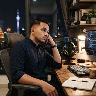 An urban young professional sitting in front of a laptop/desk setup looking exhausted, thoughtful, or staring into space in a modern office or home desk setting.